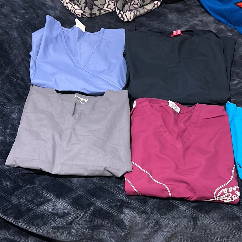 Set of 5 Assorted Scrub Tops - Blue, Black, Gray, Burgundy